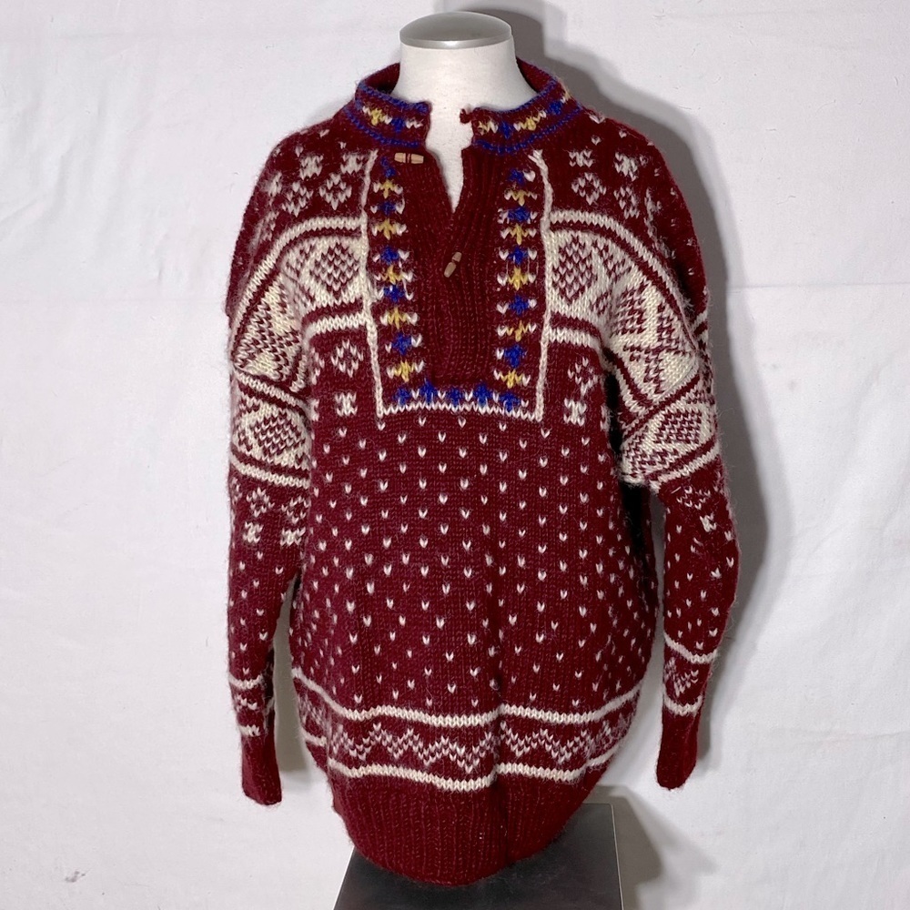 Vintage Namaste Woolens Hand Crafted In Nepal Red White Jacquard Knit Sweater L